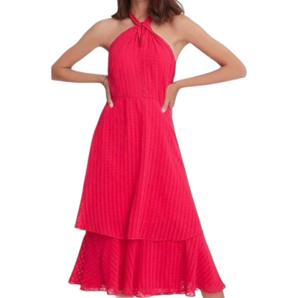 ANN TAYLOR Shadow Plaid Tiered Halter Maxi Dress Exotic Pink size 10 Vacation